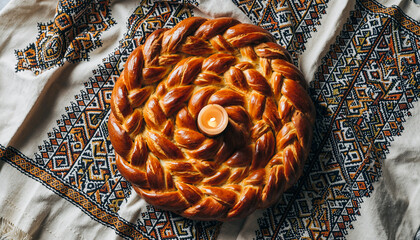 Round braided festive bread with lit candle on traditional embroidered cloth for Orthodox Christmas celebration