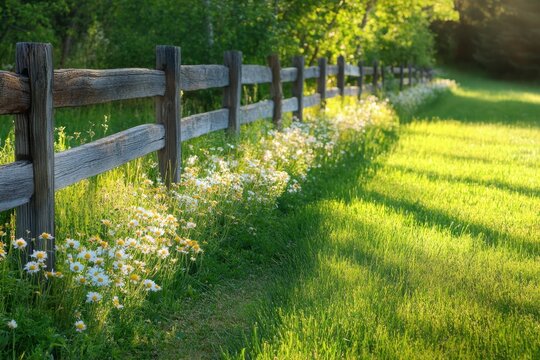 Rustic wooden fence lines sunlit green meadow with blooming white daisies, casting long shadows and creating peaceful, natural countryside scene