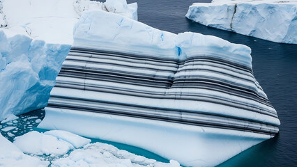 Icebergs with Striped Dirt Layers Geological History Aerial
