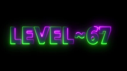 Neon Level 67 Text Animation Glowing Purple Green Black Background Game Progression Achievement - Powered by Adobe