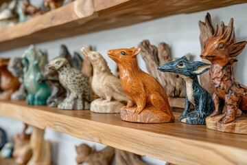 Wooden animal sculptures displayed on shelves with intricate details and various colors, showcasing artistic craftsmanship and natural wood texture in cozy setting