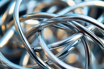 Close up view of shiny intertwined metal wires creating abstract and intricate pattern with reflective surfaces and smooth curves, evoking sense of complexity and modern design