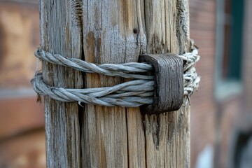 Old wooden pole wrapped with twisted metal wire secured by weathered metal clamp, showing rustic texture and aged outdoor utility equipment in soft natural light