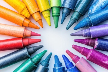 Colorful wax crayons arranged in circle with vibrant shades of red, orange, yellow, green, blue, and purple creating cheerful and artistic composition on white background