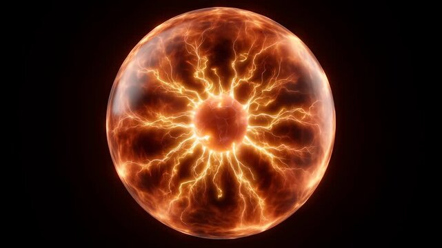 Glowing plasma orb with radial lightning and fiery energy pattern electrified glass sphere orange plasma arcs radiating from glowing core fiery