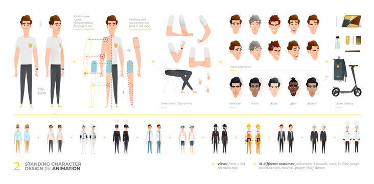 Diverse Male Character Creator Set With Full-Body Poses, Round Joints for Animation, Multiple Outfits and Professions. Includes Heads of Different Ethnicities in Front and 3 Quarter View.