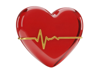 Red heart with golden heartbeat line isolated PNG, symbol of love and health on transparent background for medical and Valentine s Day designs