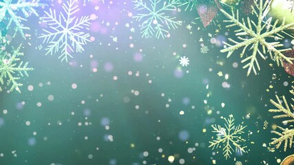 christmas background with decorative ornaments and winter snowflakes and light lens flare, abstract zoom out animation for xmas cinematic scene, holidays party festival celebration - Powered by Adobe