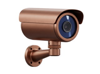 Copper-colored CCTV camera isolated PNG on transparent background, security surveillance system for home protection and crime prevention