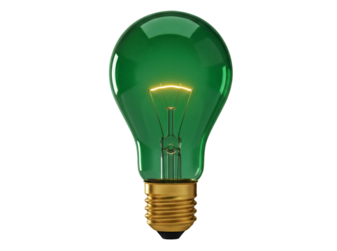 Green light bulb PNG isolated on transparent background, vintage style electric lamp for decoration and design use