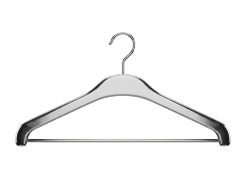 Metal clothes hanger isolated PNG on transparent background, garment storage and organization tool for fashion and retail use
