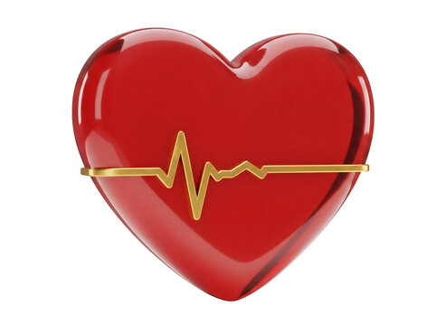 Red heart with golden heartbeat line isolated PNG, symbol of love and health on transparent background for medical and Valentine s Day designs