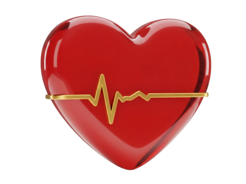 Red heart with golden heartbeat line isolated PNG, symbol of love and health on transparent background for medical and Valentine s Day designs