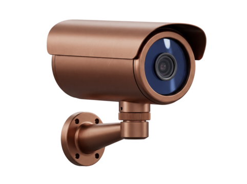 Copper-colored CCTV camera isolated PNG on transparent background, security surveillance system for home protection and crime prevention