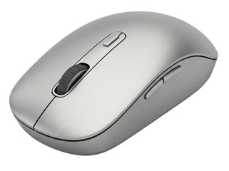 Ergonomic silver wireless computer mouse isolated PNG, modern office equipment for desktop PC and laptop on transparent background