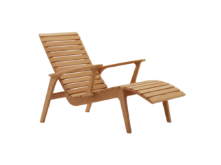Wooden outdoor lounge chair PNG isolated on transparent background, modern patio furniture for relaxation and summer living