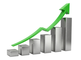 Green arrow pointing up over silver bar graph isolated PNG, business growth and success concept on transparent background