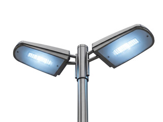 Modern LED street light isolated PNG on transparent background, energy efficient outdoor lighting fixture for urban and residential areas