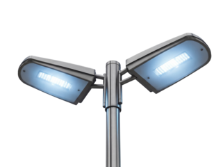 Modern LED street light isolated PNG on transparent background, energy efficient outdoor lighting fixture for urban and residential areas