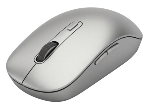 Ergonomic silver wireless computer mouse isolated PNG, modern office equipment for desktop PC and laptop on transparent background