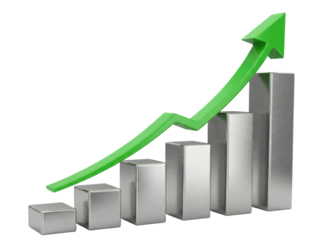 Green arrow pointing up over silver bar graph isolated PNG, business growth and success concept on transparent background