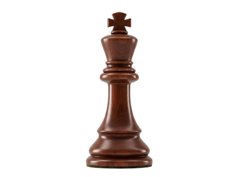 Dark brown wooden chess king isolated PNG on transparent background, strategic game piece for board games and intellectual challenges