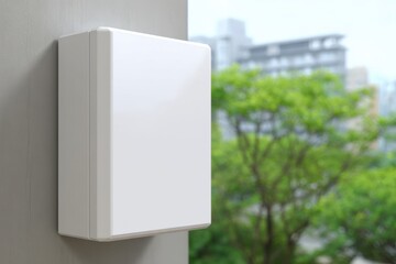 Outdoor Electrical Enclosure Box on Wall with Urban Background and Greenery.