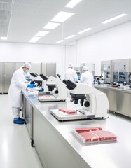 Food scientists in sterile PPE inspect raw meat samples under microscopes on clean stainless steel workbenches in a controlled laboratory.