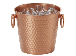 Copper ice bucket with ice cubes isolated PNG, hammered metal container for chilling drinks on transparent background