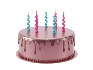 Pink frosted cake with candles PNG isolated on transparent background, birthday celebration dessert for party invitations and graphic design