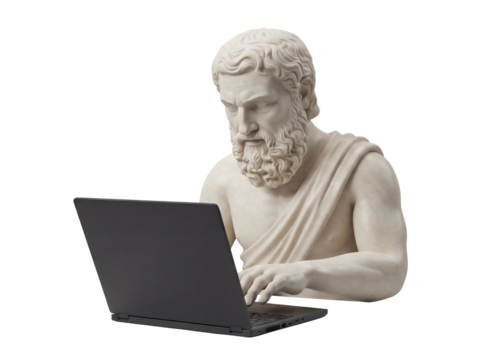 Philosopher statue using laptop PNG isolated on transparent background, ancient scholar with modern technology concept