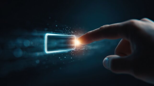 Loading bar animation symbolizing growth from 2023 to 2026 with glowing digital light and a persona??s hand touching the interface