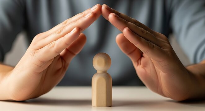  H&auml;nde sch&uuml;tzen eine kleine Holzfigur auf dem Tisch Konzept