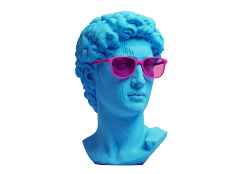 Blue David bust with pink sunglasses isolated PNG, classical sculpture with modern accessory on transparent background