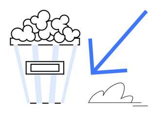 Popcorn container filled with popcorn next to a blue down arrow and simple cloud outline. Ideal for entertainment, snacks, movie nights, cinema, direction, choices, minimal flat metaphor