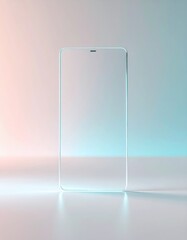 A sleek transparent glass smartphone with glowing cyan edges stands upright on a reflective surface. A soft pink to blue gradient background enhances its minimalist, futuristic design.