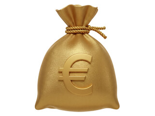 Golden money bag with Euro symbol isolated PNG, wealth and finance concept for business and economy on transparent background