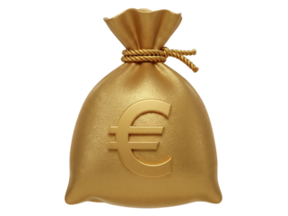 Golden money bag with Euro symbol isolated PNG, wealth and finance concept for business and economy on transparent background