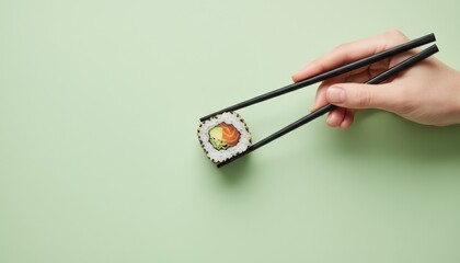 Woman's hand holding one uramaki sushi roll with salmon and avocado using black chopsticks in a top-down view on a minimal light green background with copy space