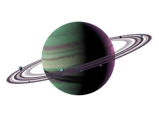 Green and purple planet with rings and moons isolated PNG, fantasy space object on transparent background, celestial body for science fiction