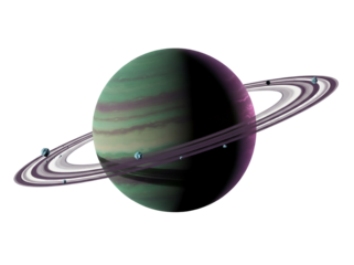 Green and purple planet with rings and moons isolated PNG, fantasy space object on transparent background, celestial body for science fiction