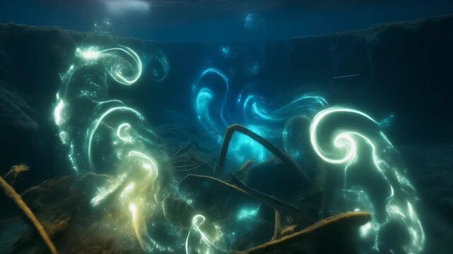 Ethereal Underwater Glow Illuminating Submerged Debris and Rocky Depths ocean deep