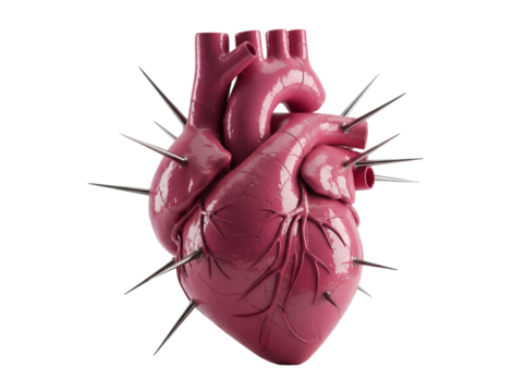 Anatomical heart with spikes isolated PNG on transparent background, conceptual image of pain, hurt, and emotional distress