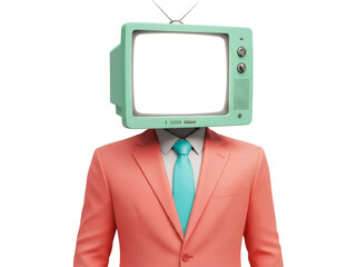 Mannequin with retro TV head isolated PNG on transparent background, surreal concept for media, technology and vintage style