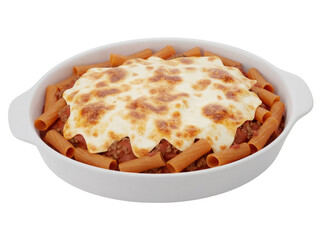 Baked ziti pasta with meat sauce and melted cheese isolated PNG, Italian comfort food on transparent background