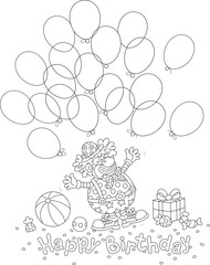 Birthday card with a funny circus clown, holiday gifts and flying colorful balloons, black and white vector cartoon illustration for a coloring book