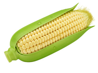 Fresh corn on the cob isolated PNG, sweet yellow kernels with green husk on transparent background, healthy vegetable for cooking and eating