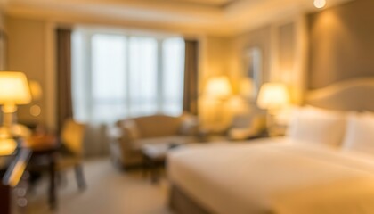 A fully blurred luxury hotel room with golden lighting, elegant silhouettes, and smooth gradients forming a warm, upscale interior background with soft haze and refined tones.