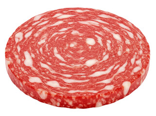 Salami slice isolated PNG on transparent background, cured sausage with fat marbling for food design and culinary projects
