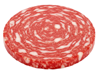 Salami slice isolated PNG on transparent background, cured sausage with fat marbling for food design and culinary projects